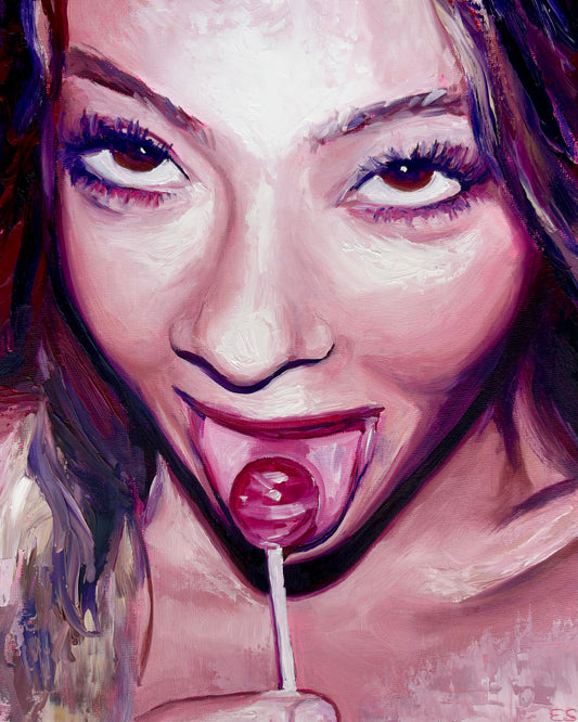 eating a lollipop with eye contact